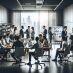 Jóvenes emprendedores conversando en una oficina moderna, laptops y pizarras con gráficos al fondo, ambiente colaborativo y tecnológico.