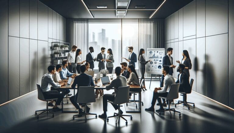 Jóvenes emprendedores conversando en una oficina moderna, laptops y pizarras con gráficos al fondo, ambiente colaborativo y tecnológico.