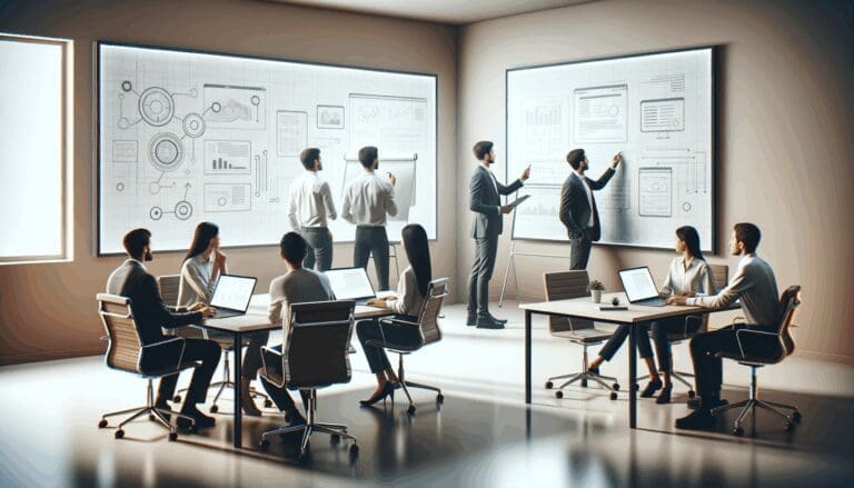 Equipo tecnológico colaborando en oficina minimalista con pizarras digitales y laptops.