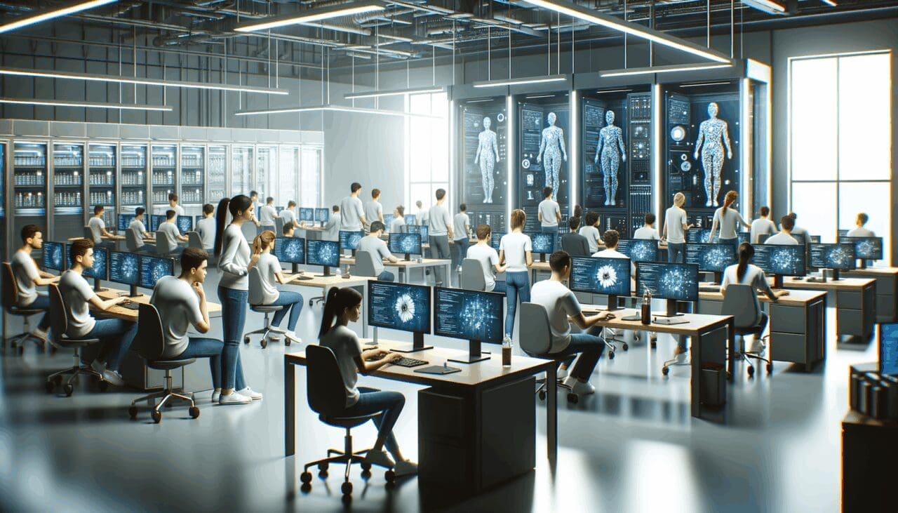 Laboratorio tecnológico moderno con jóvenes desarrolladores trabajando en inteligencia artificial.