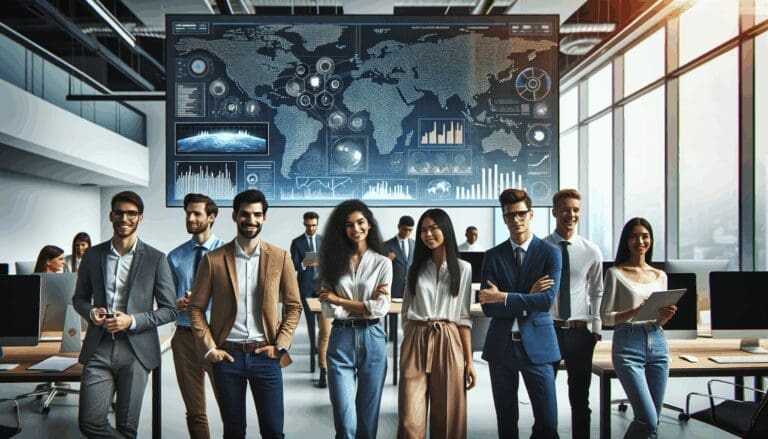 Emprendedores jóvenes interactuando frente a pantallas con mapas digitales y algoritmos de música, en un entorno de oficina moderno.