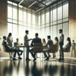 Emprendedores discutiendo estrategias en una oficina moderna.