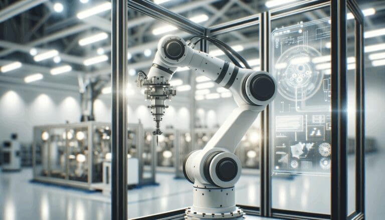 Primer plano de un brazo robótico en una fábrica moderna, con fondos tecnológicos y luces suaves.