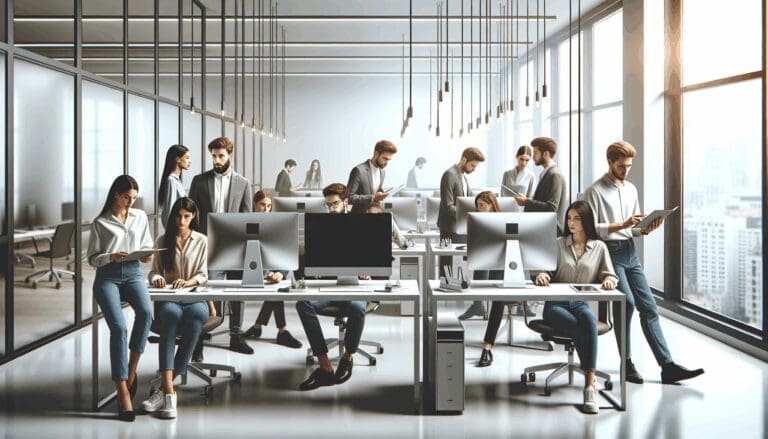 Oficina moderna con jóvenes emprendedores colaborando frente a computadoras en ambiente tecnológico.