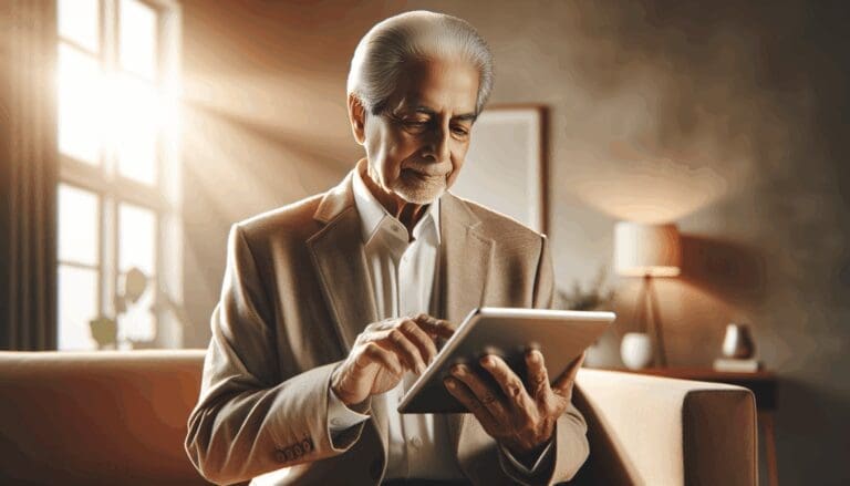 Adulto mayor utilizando una tableta digital en un ambiente cálido y moderno, rodeado de tecnología amigable.