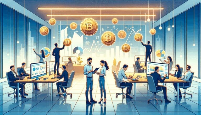Ilustración moderna de equipo de startup trabajando con gráficos y criptomonedas en una oficina luminosa.