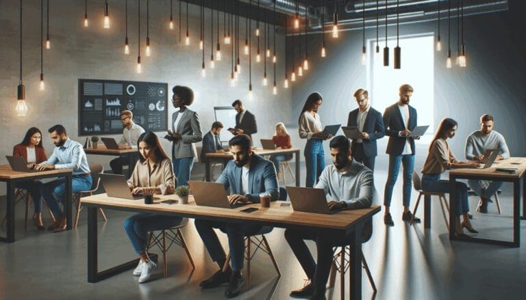 Emprendedores colaborando en un espacio de coworking moderno, con laptops y pizarras digitales.