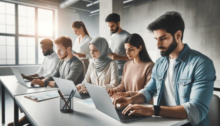 Grupo diverso de emprendedores reunidos en un espacio colaborativo tecnológico moderno, laptops y pizarras en uso.