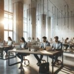 Interior de una moderna sala de coworking con emprendedores trabajando en laptops, ambiente colaborativo y luz natural.