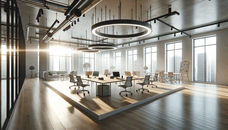 Espacio de coworking moderno y luminoso en ambiente emprendedor.