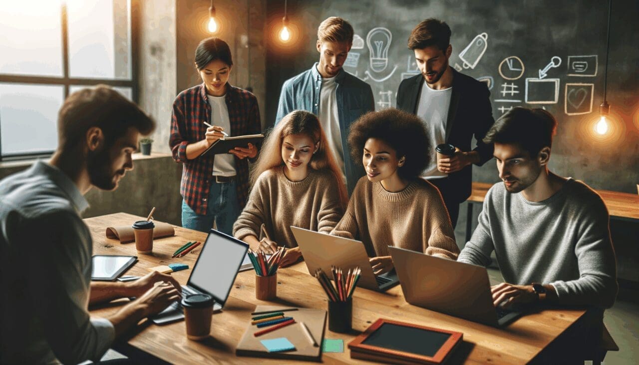 Emprendedores jóvenes colaborando en un espacio moderno de coworking con pizarras y laptops.