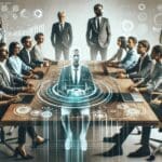 Empresarios en una mesa de trabajo tecnológica con laptops y gráficos digitales sobrepuestos.