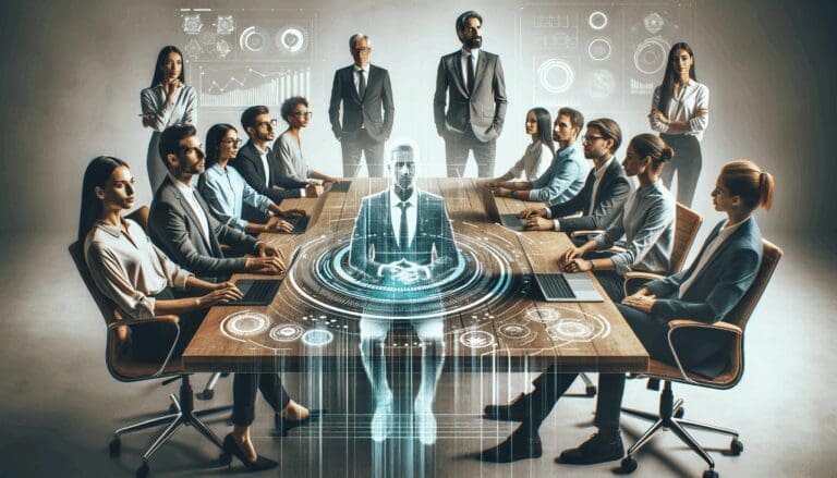 Empresarios en una mesa de trabajo tecnológica con laptops y gráficos digitales sobrepuestos.