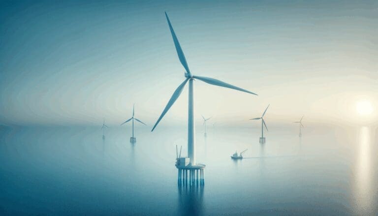 Generador de energía eólica marina en funcionamiento sobre el mar, fondo azul y limpio, ambiente tecnológico.