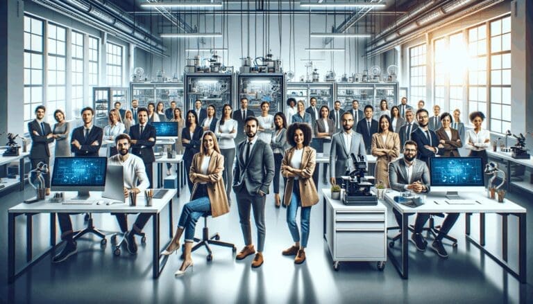 Grupo diverso de emprendedores en un laboratorio tecnológico moderno, rodeados de equipos científicos y computadoras.