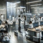 Equipo de jóvenes emprendedores trabajando en laboratorio tecnológico y dispositivos médicos de avanzada.