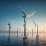 Turbinas eólicas marinas sobre el mar con horizonte claro y cielo azul, en un entorno tecnológico.