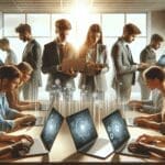 Equipo de una startup joven revisando computadoras portátiles en una oficina moderna y luminosa, con pantallas mostrando gráficos digitales.