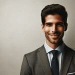 Retrato profesional de un emprendedor sonriente sobre fondo neutro con aire innovador.