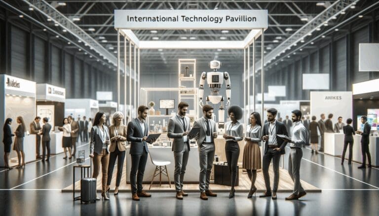 Grupo diverso de emprendedores en un pabellón de tecnología internacional, rodeados de stands modernos y prototipos.