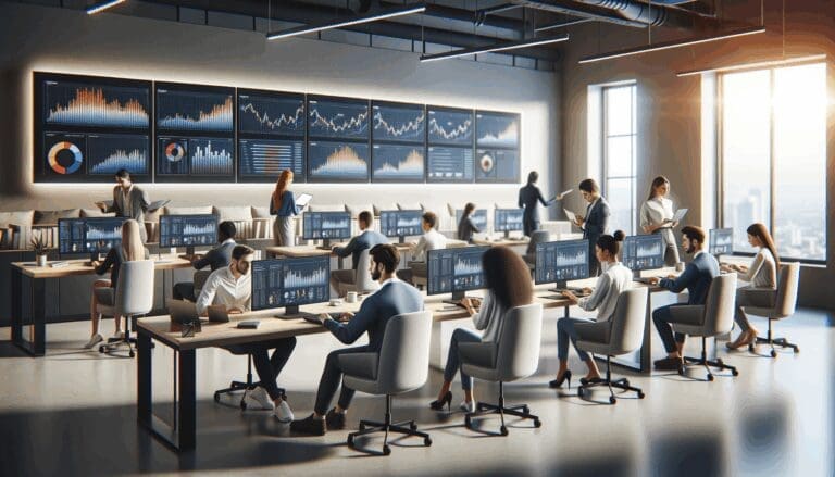 Oficina moderna con jóvenes trabajando en laptops y pantallas con gráficos financieros, ambiente innovador.