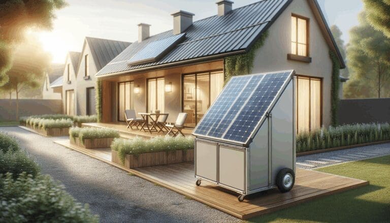 Paneles solares portátiles instalados en el patio de una casa moderna, con luz natural y fondo urbano difuminado.