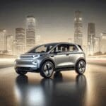 Fotografía nítida de un vehículo eléctrico moderno en un ambiente urbano, luces de ciudad al anochecer.