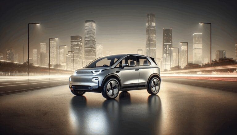 Fotografía nítida de un vehículo eléctrico moderno en un ambiente urbano, luces de ciudad al anochecer.