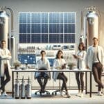 Un laboratorio moderno con paneles solares y cilindros de hidrógeno junto a un equipo de jóvenes emprendedores colaborando.