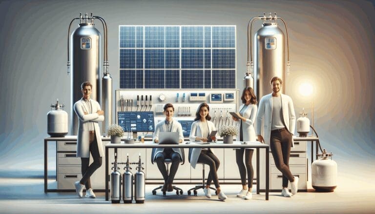 Un laboratorio moderno con paneles solares y cilindros de hidrógeno junto a un equipo de jóvenes emprendedores colaborando.