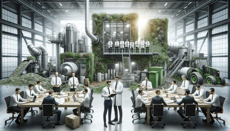 Grupo de ingenieros trabajando en instalaciones de reciclaje orgánico de última generación, rodeados de maquinaria y vegetación.