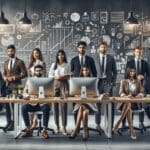 Equipo de jóvenes profesionales trabajando en una oficina moderna, rodeados de ordenadores y pizarras con ideas innovadoras.