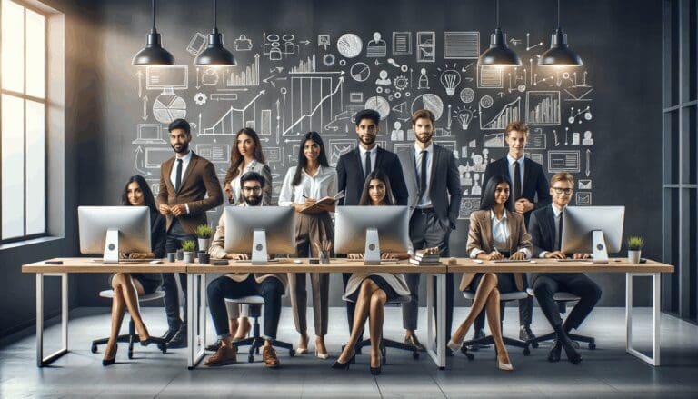 Equipo de jóvenes profesionales trabajando en una oficina moderna, rodeados de ordenadores y pizarras con ideas innovadoras.