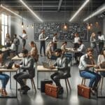 Grupo diverso de emprendedores trabajando en laptops, rodeados de pizarras digitales en un moderno espacio de coworking.