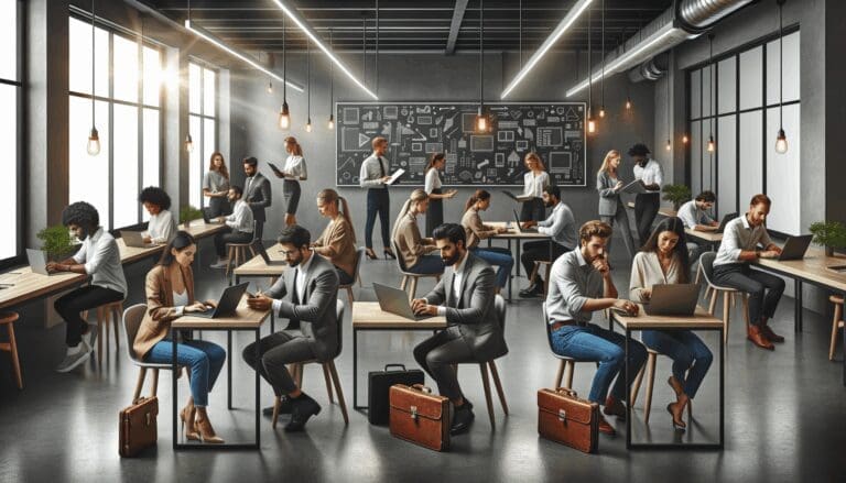 Grupo diverso de emprendedores trabajando en laptops, rodeados de pizarras digitales en un moderno espacio de coworking.