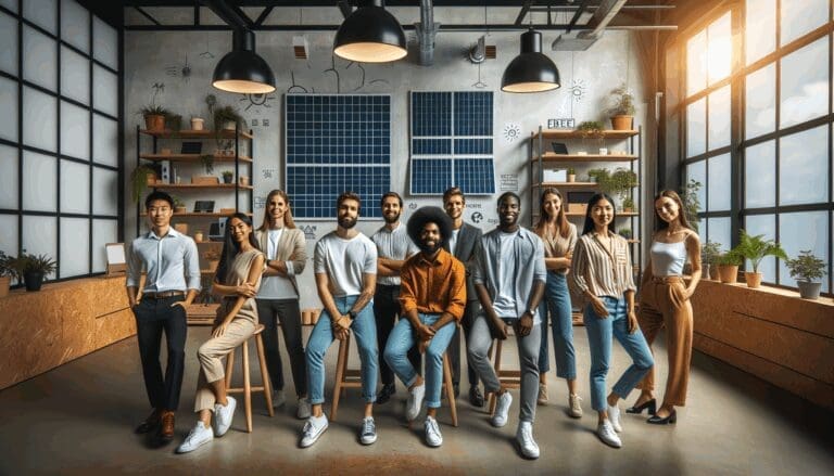 Equipo diverso de jóvenes fundadores en un entorno de trabajo luminoso con paneles solares y pizarras electrónicas.
