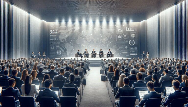 Auditorio moderno con emprendedores, inversionistas y líderes discutiendo tecnología en un evento corporativo.