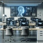 Espacio de trabajo moderno con computadoras y pantallas que muestran datos de inteligencia artificial.