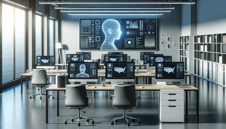 Espacio de trabajo moderno con computadoras y pantallas que muestran datos de inteligencia artificial.