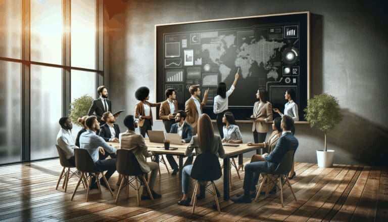 Equipo diverso de emprendedores reunido alrededor de una pizarra digital colaborando en una oficina moderna.