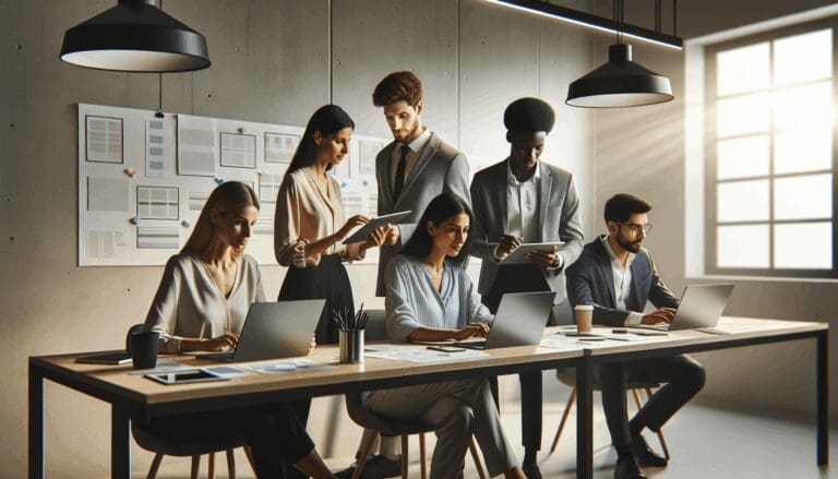 Equipo multicultural colaborando en una oficina con dispositivos digitales y pizarras de proyectos.