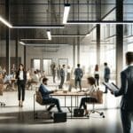 Espacios de coworking modernos y personas colaborando en un entorno innovador.