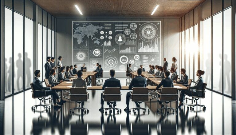 Sala de conferencias moderna con emprendedores dialogando y tecnología de fondo.