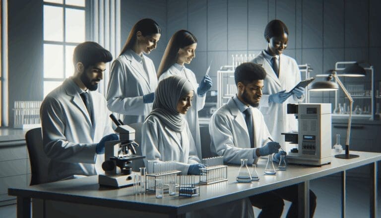 Equipo de científicos analizando muestras en un laboratorio moderno con tecnología avanzada.