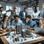 Equipo de jóvenes emprendedores en un espacio moderno de coworking revisando modelos 3D de minería en laptops.