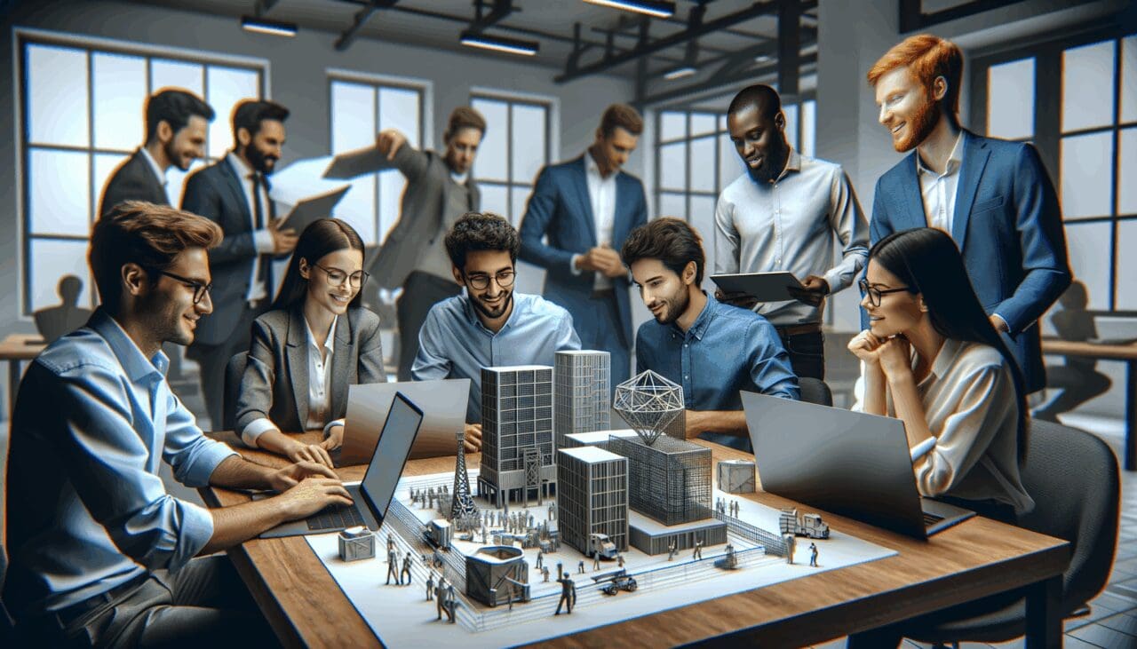 Equipo de jóvenes emprendedores en un espacio moderno de coworking revisando modelos 3D de minería en laptops.