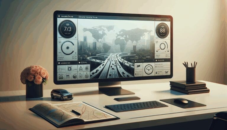 Panel de control digital mostrando datos y mapas de rutas de vehículos sobre un escritorio moderno.