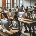 Jóvenes emprendedores colaborando frente a computadoras en un espacio de coworking moderno, ambiente tecnológico.