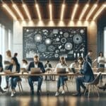 Personas colaborando en un espacio moderno con laptops y pizarras digitales, ambiente de innovación.