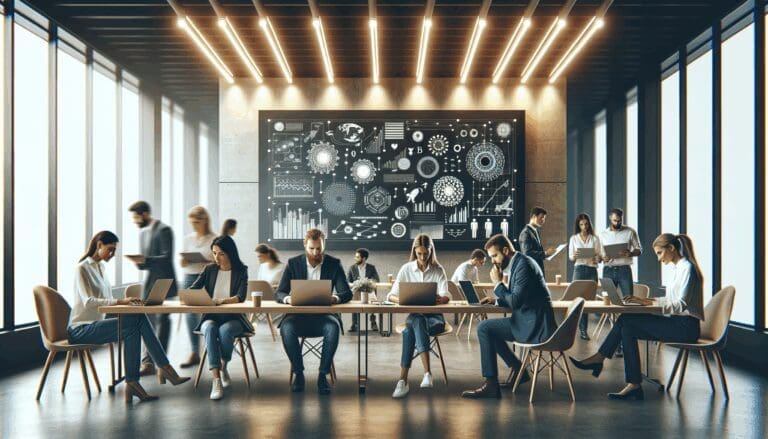 Personas colaborando en un espacio moderno con laptops y pizarras digitales, ambiente de innovación.